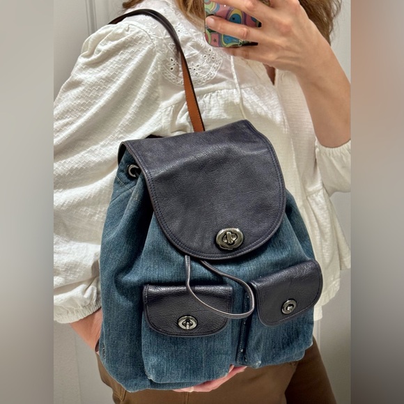 Coach Denim Turnlock backpack Gunmetal Rivets  Navy leather - Picture 7 of 17
